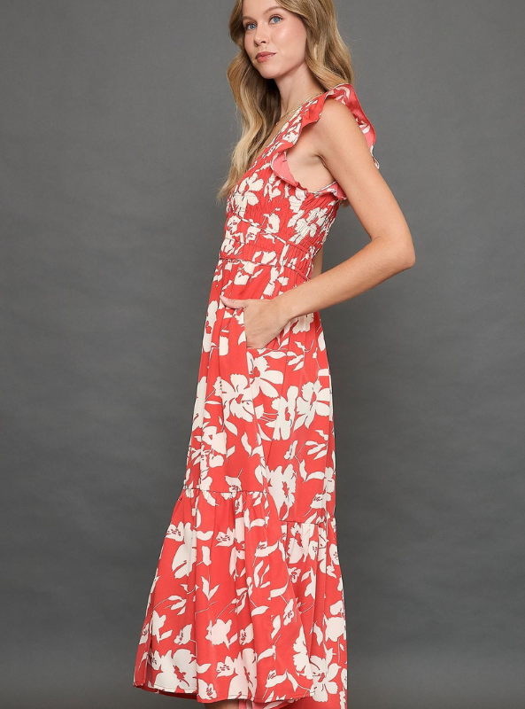 Red Floral Print Midi Dress