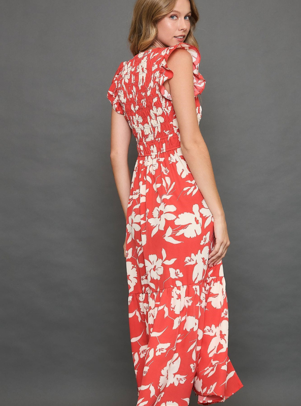 Red Floral Print Midi Dress