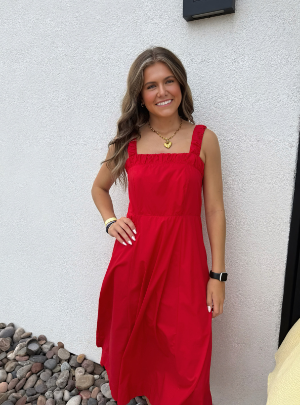 Red Ruched Neck Midi Dress - Tres Chic Boutique