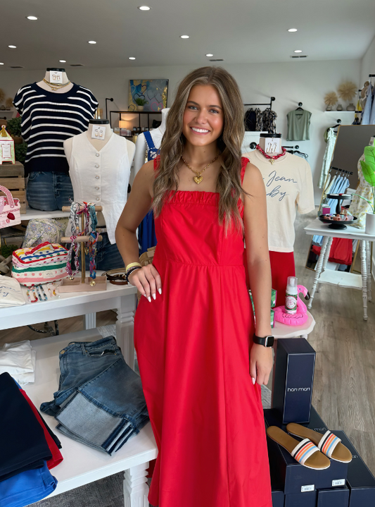 Red Ruched Neck Midi Dress