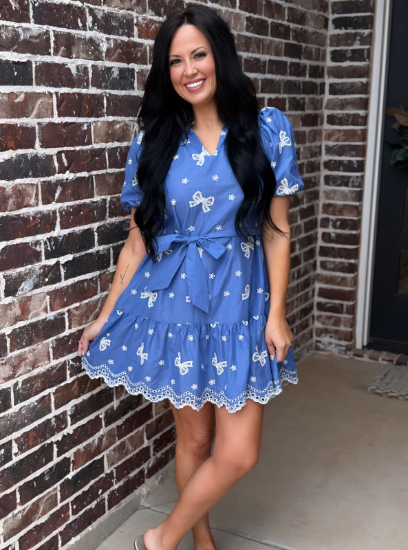 Ribbon Eyelet Detailed Mini Dress