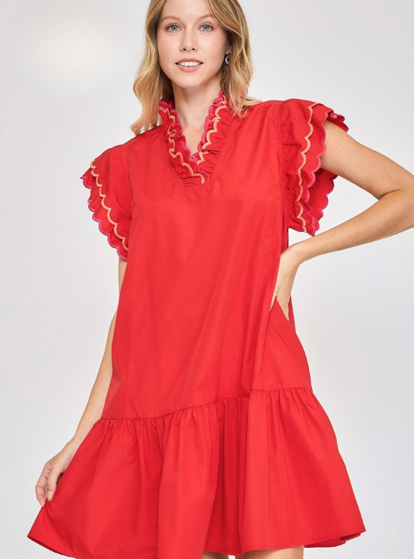 Ruffled Scalloped Sleeved Dress