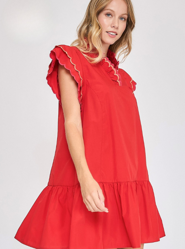 Ruffled Scalloped Sleeved Dress