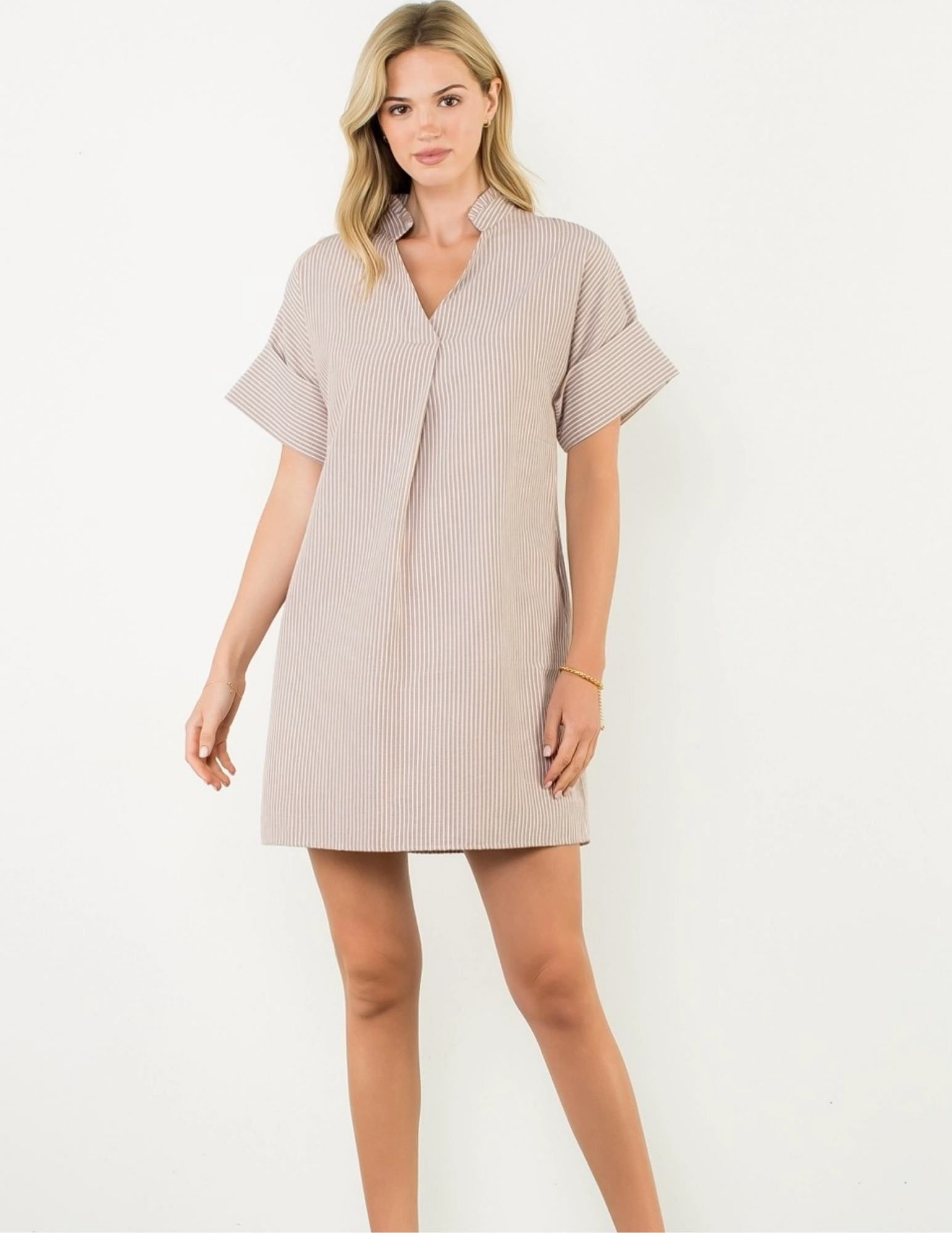 Short Sleeve Stripe Notched Collar Dress - Tres Chic Boutique
