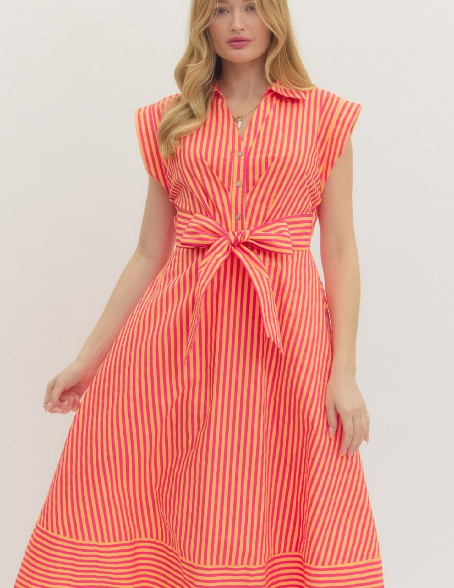 Striped Button Down Midi Dress- Hot Pink