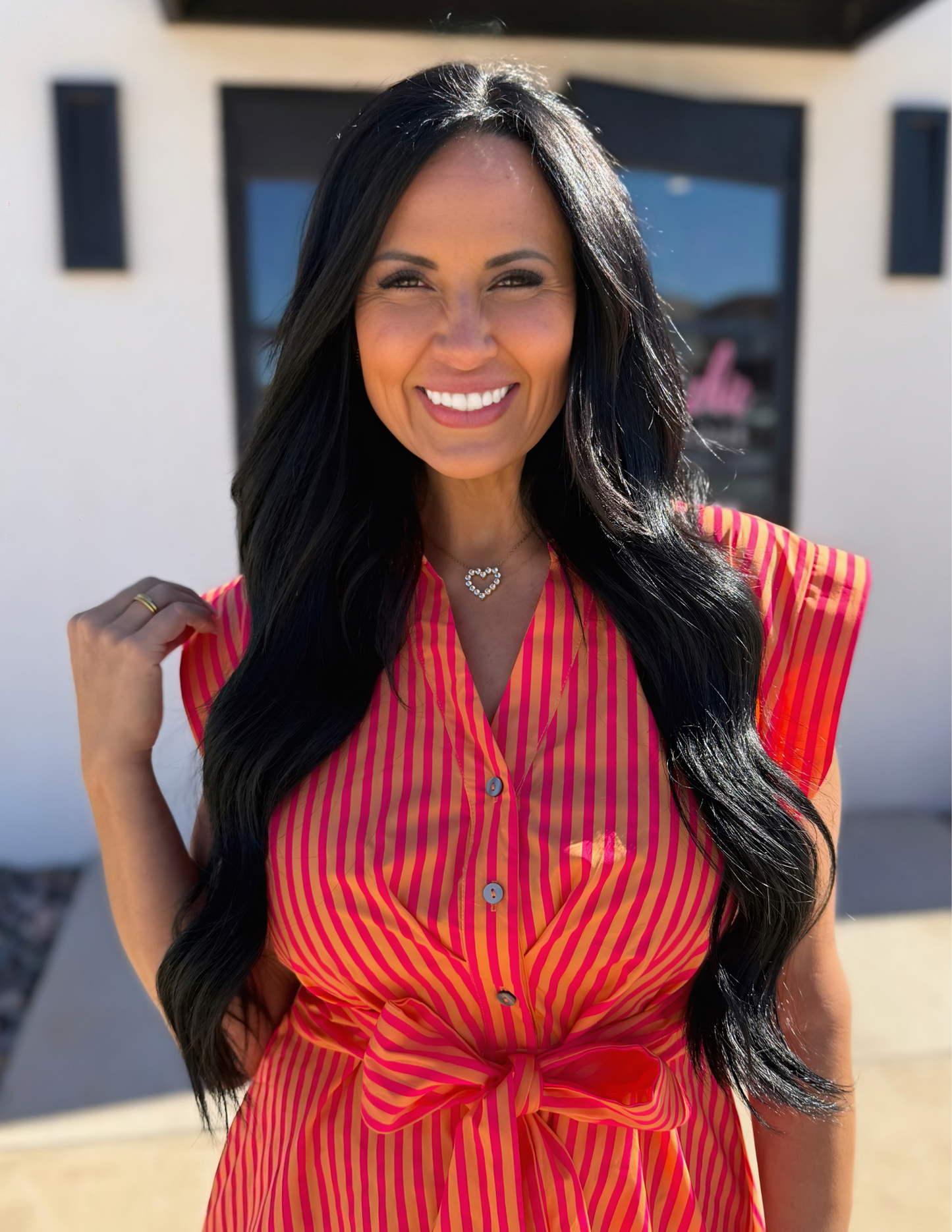 Striped Button Down Midi Dress- Hot Pink