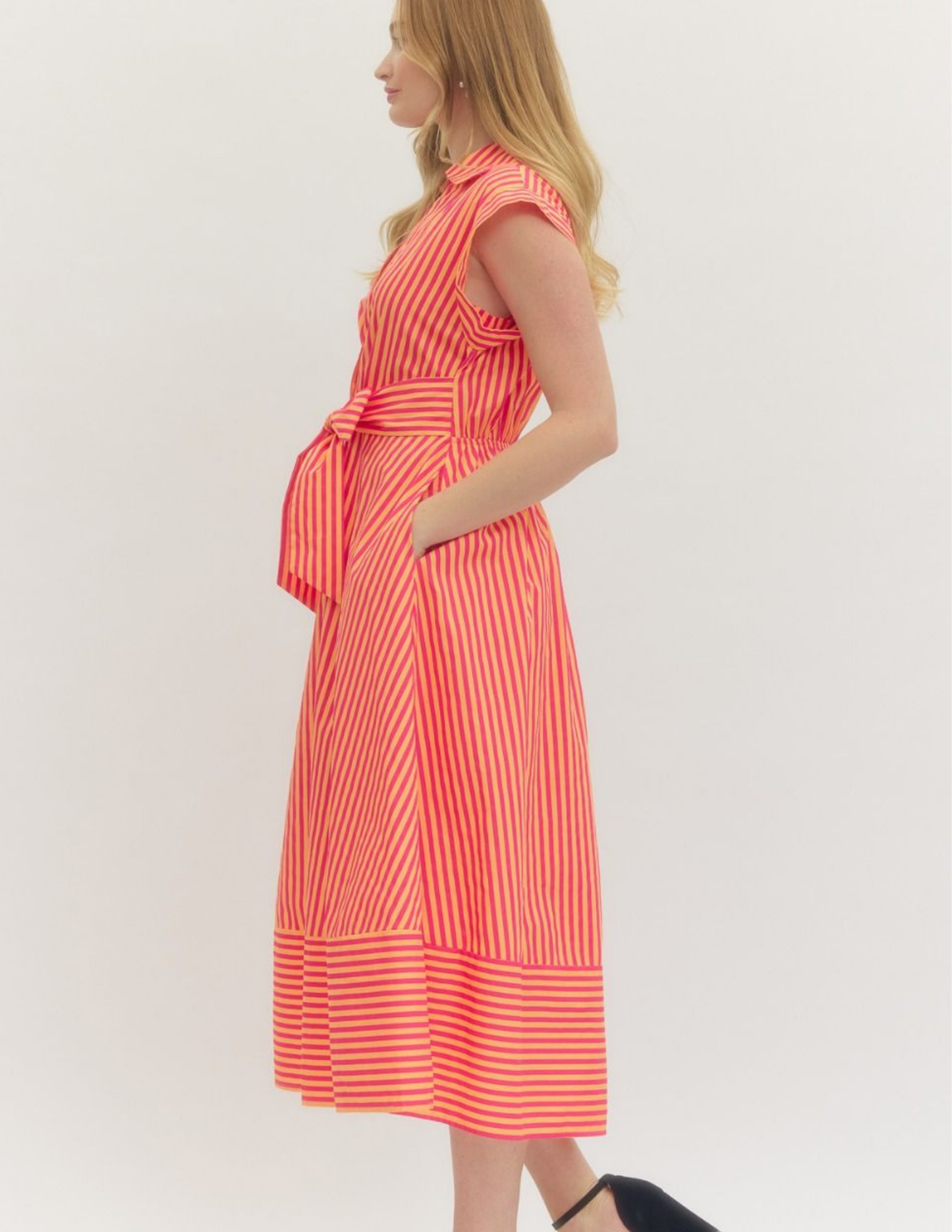 Striped Button Down Midi Dress- Hot Pink