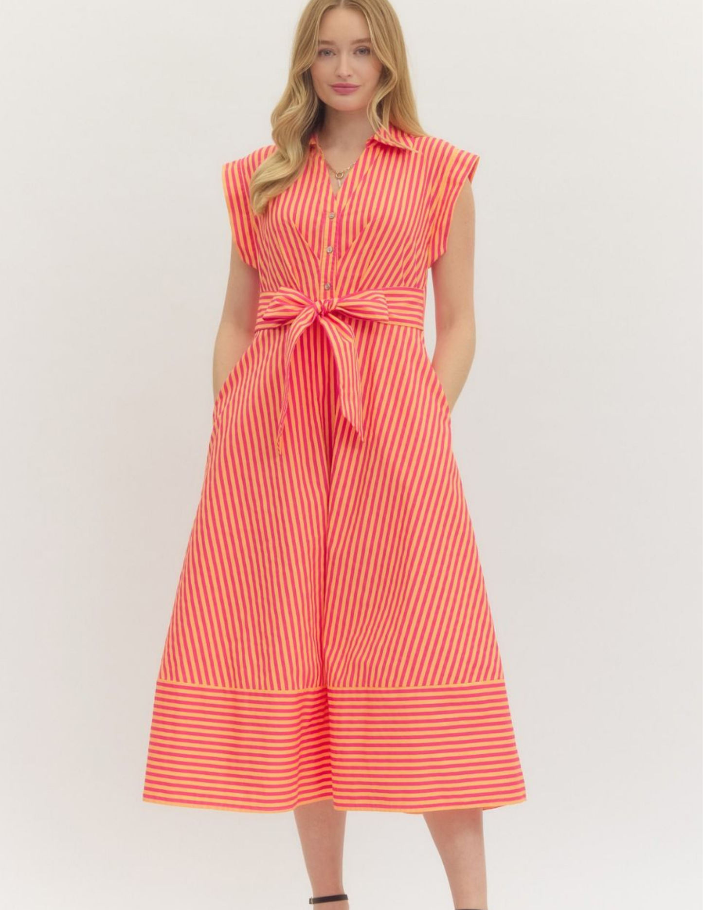 Striped Button Down Midi Dress- Hot Pink