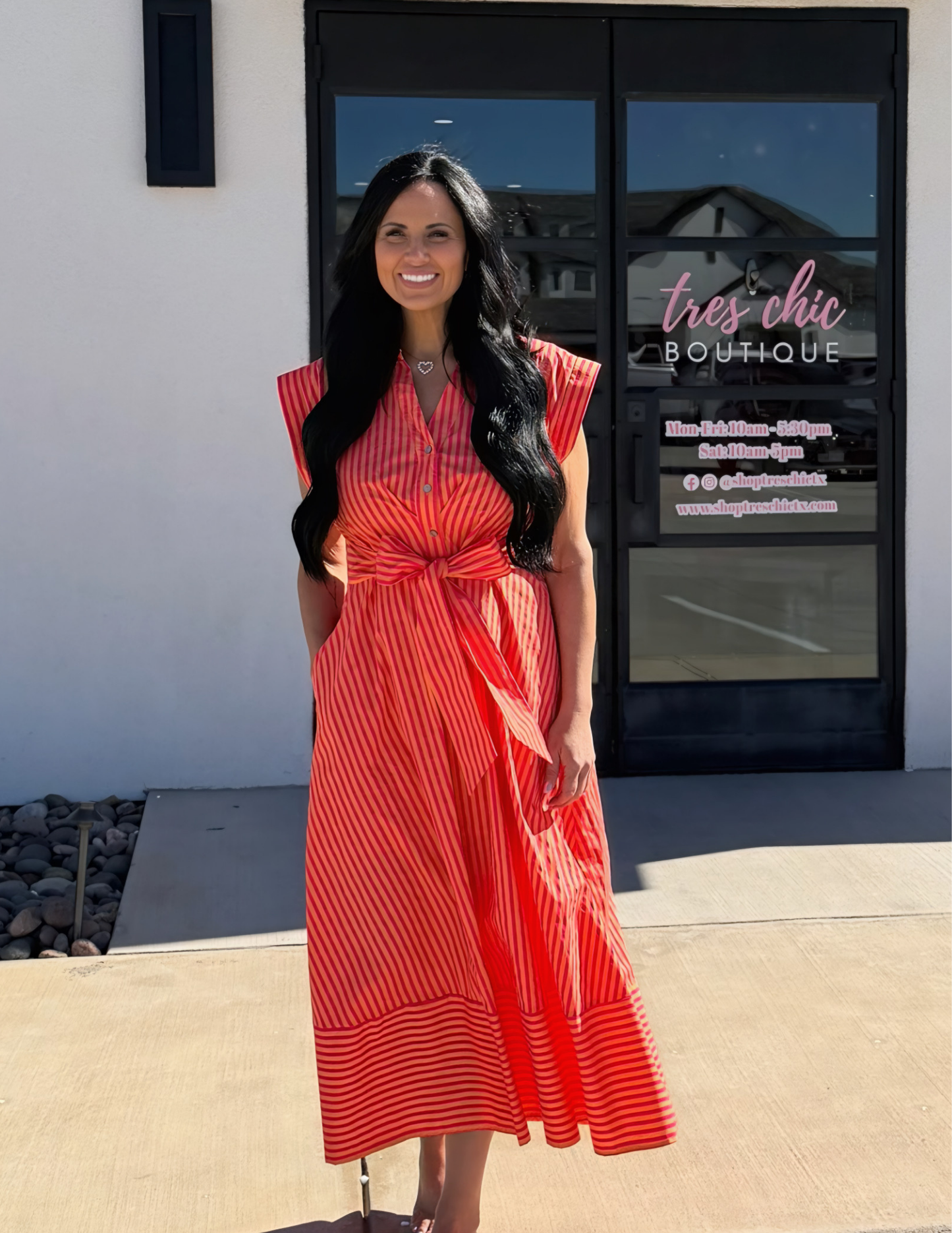 Striped Button Down Midi Dress- Hot Pink