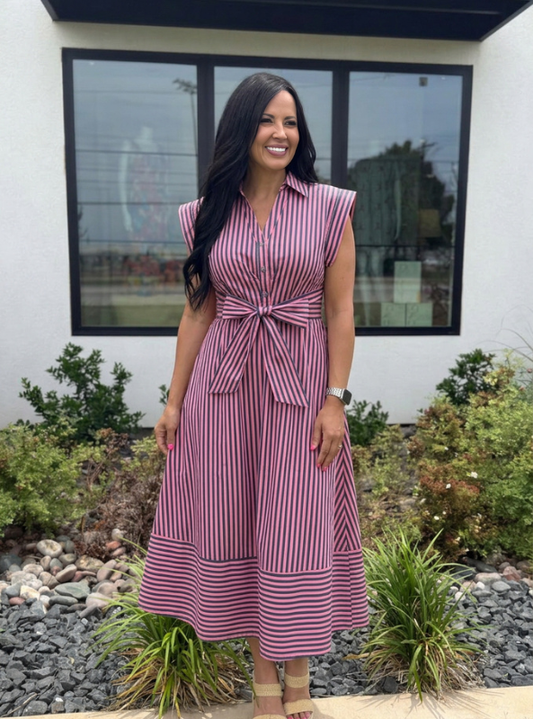 Striped Cap Sleeve Midi Dress