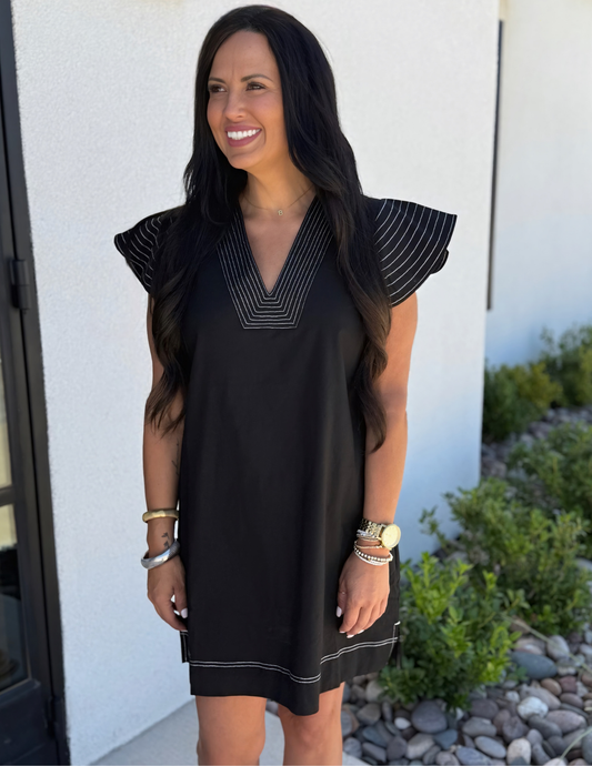 Striped Flutter Sleeve V-Neck Dress - Tres Chic Boutique