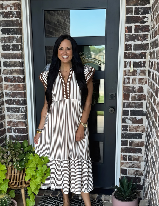 Striped Midi Dress- Brown - Tres Chic Boutique