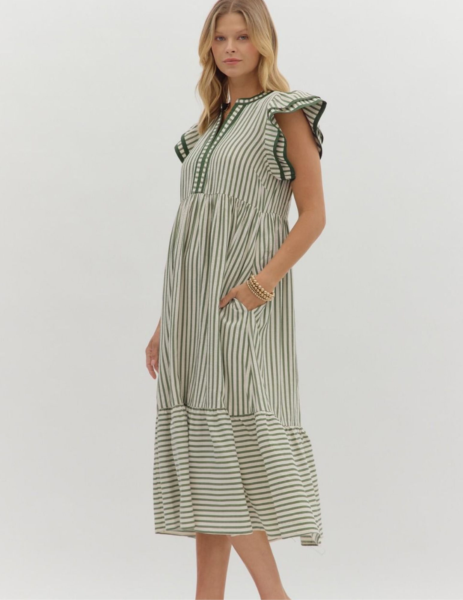Striped Midi Dress- Olive - Tres Chic Boutique