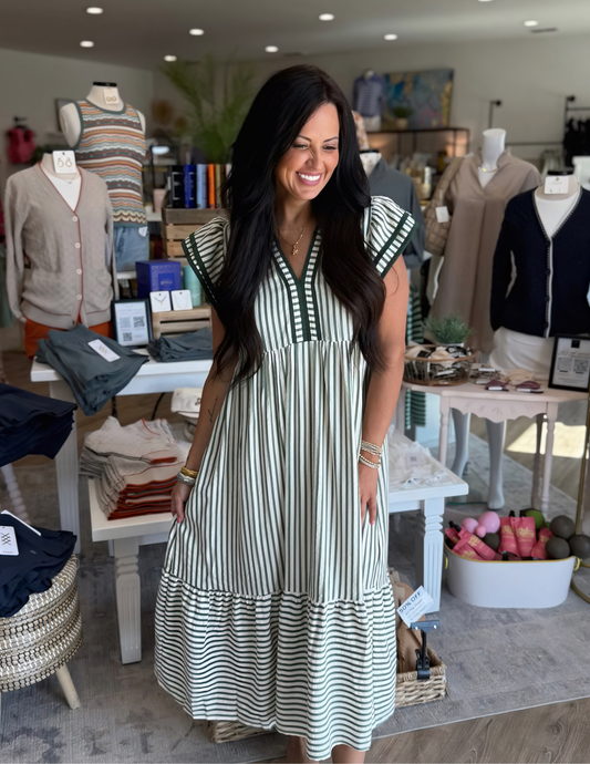 Striped Midi Dress- Olive - Tres Chic Boutique