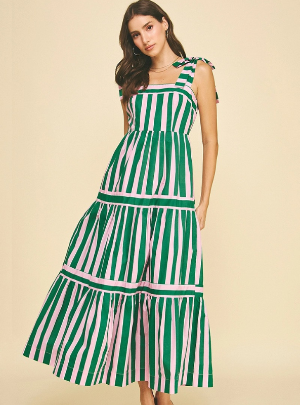 Striped Multi Color Tiered Maxi Dress- Green & Pink