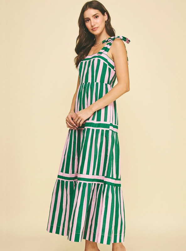 Striped Multi Color Tiered Maxi Dress- Green & Pink