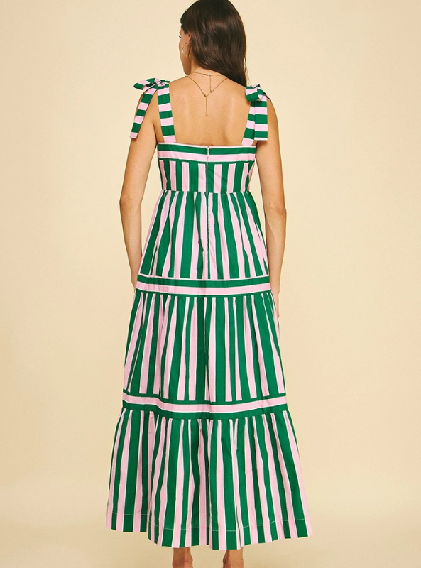 Striped Multi Color Tiered Maxi Dress- Green & Pink