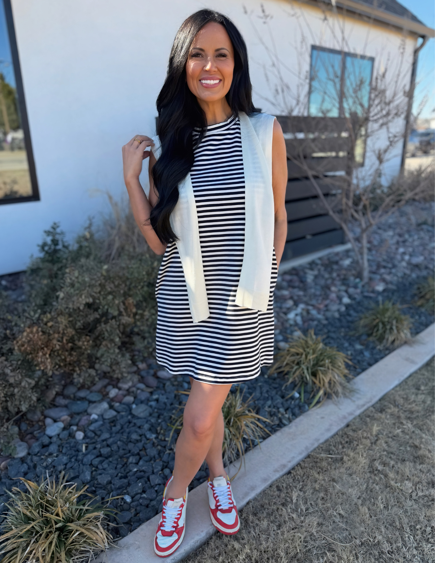 Striped Sleeveless Mini Dress- Cream & Navy