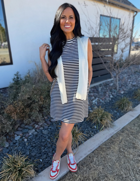 Striped Sleeveless Mini Dress- Cream & Navy