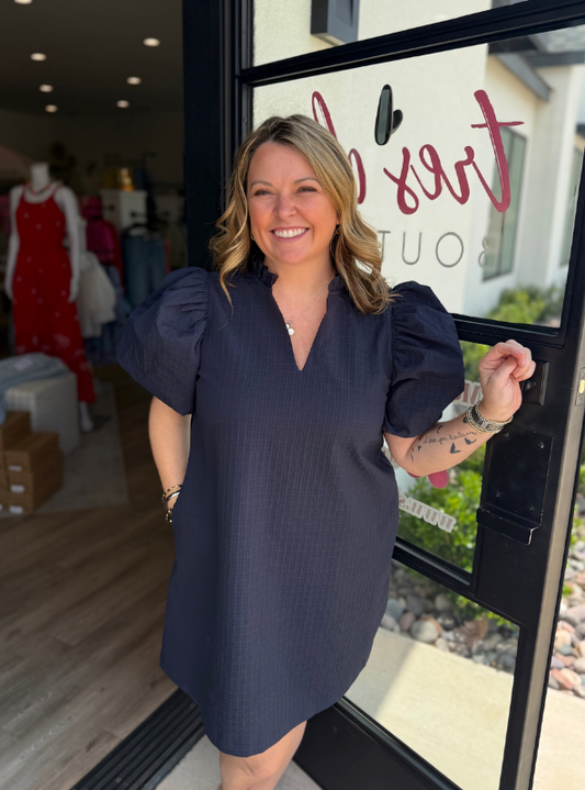 Textured Puff Sleeve Mini Dress- Navy