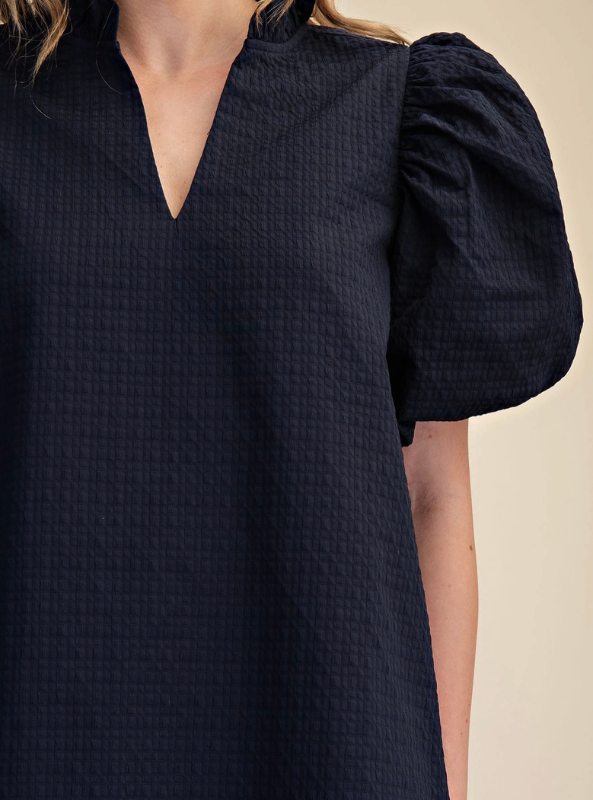Textured Puff Sleeve Mini Dress- Navy