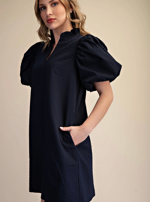 Textured Puff Sleeve Mini Dress- Navy