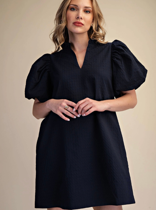 Textured Puff Sleeve Mini Dress- Navy