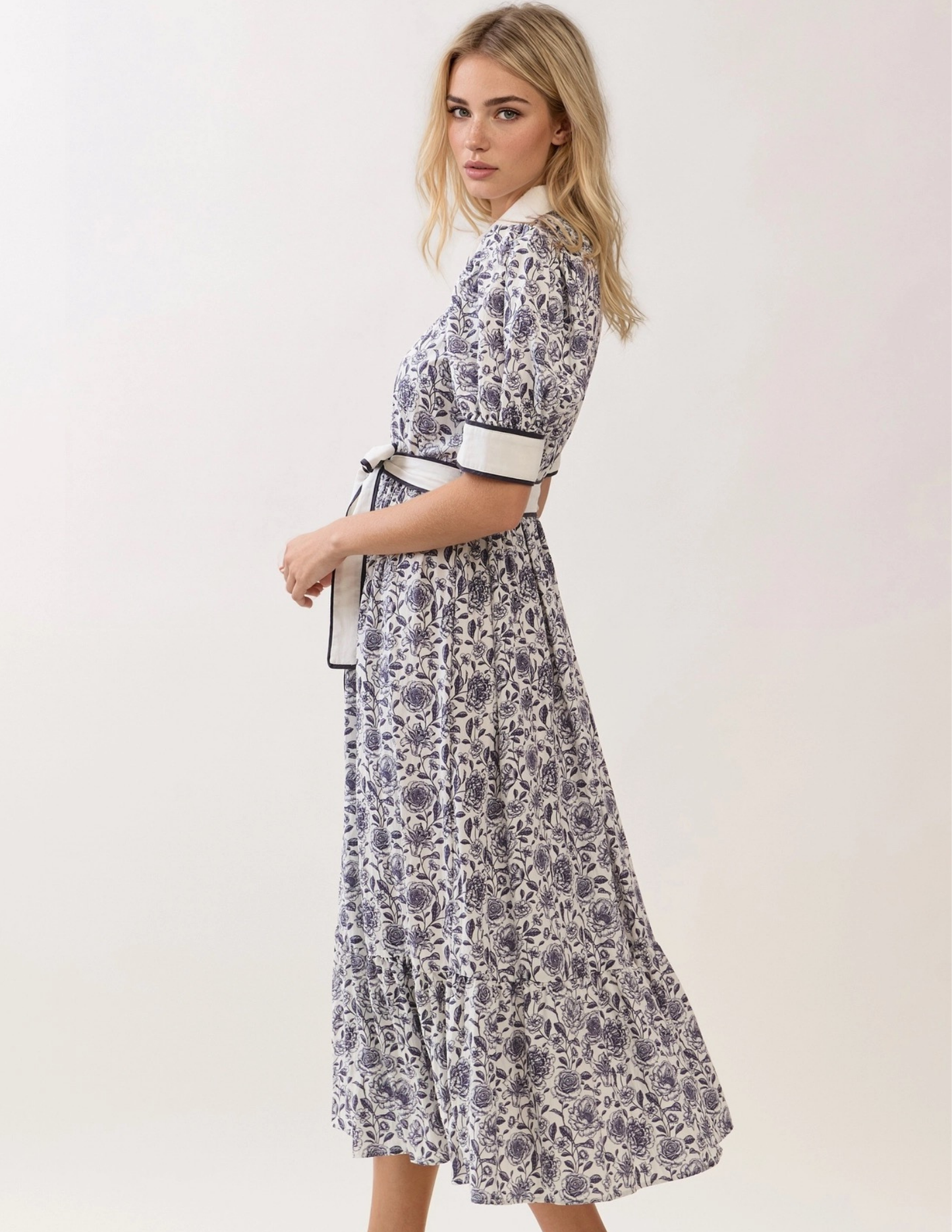 Floral Contrast Button Up Dress- Navy