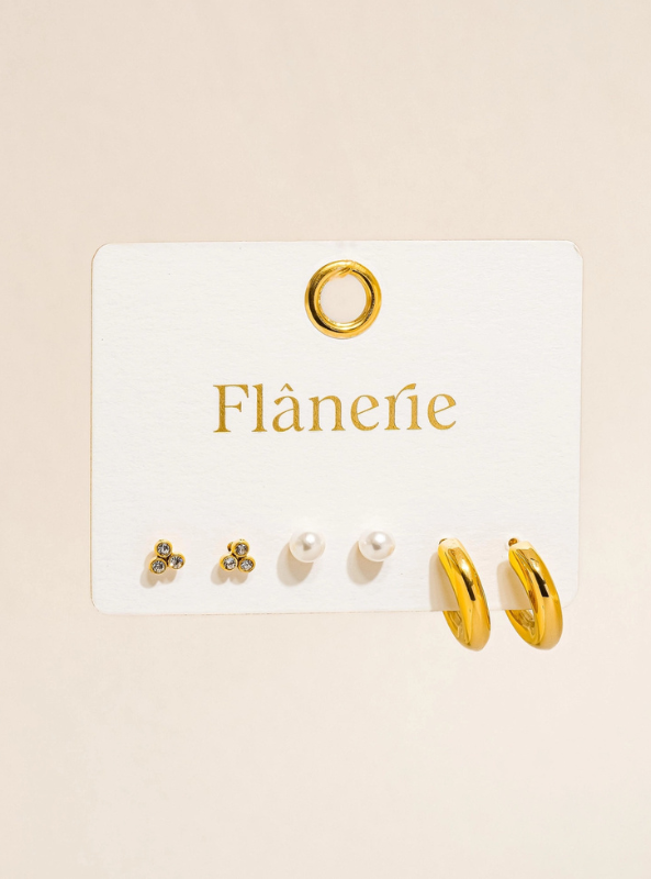 Carine 18K Gold Non-Tarnish Hoops, Pearl, Cz Earring