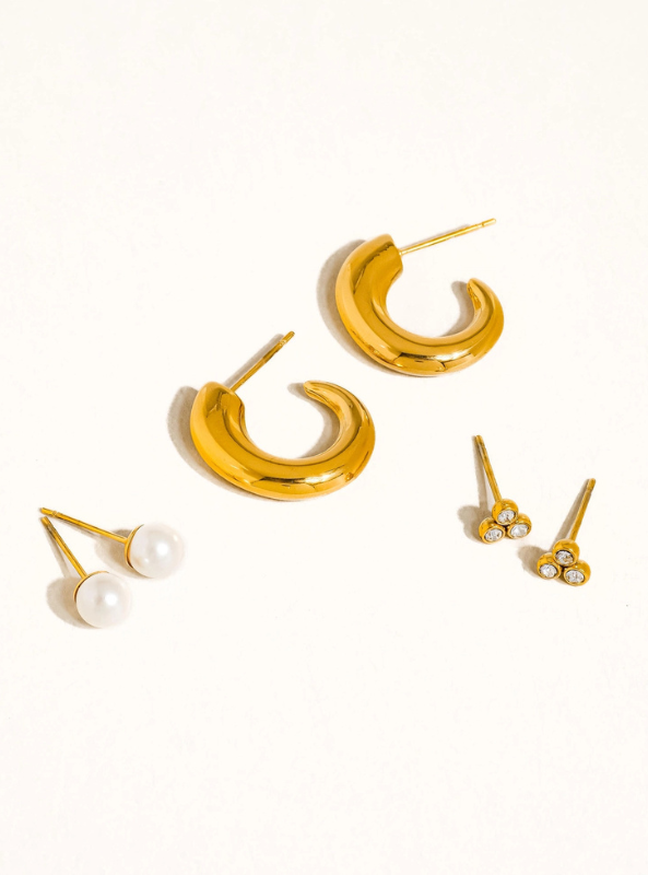 Carine 18K Gold Non-Tarnish Hoops, Pearl, Cz Earring