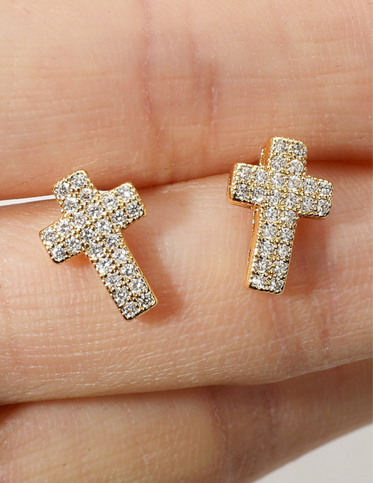 Cz Stone Paved Cross Stud Earrings