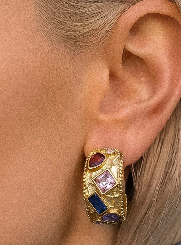 Delmare 18K Gold Non-Tarnish Vintage Gemstone Hoop Earrings