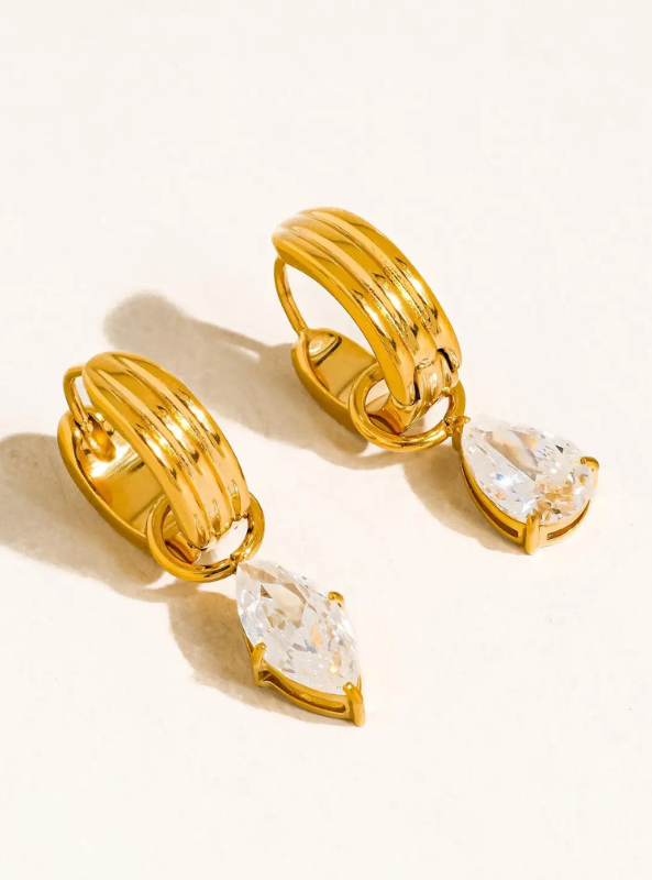 Saffron 18K Gold Non-Tarnish Teardrop Cz Mismatch Earrings