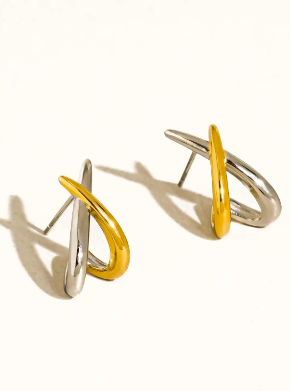 Staven 18K Gold Non-Tarnish Two Tone Crossover Earrings