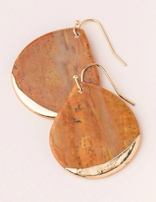 Stone Dipped Teardrop Earring - Petrified Wood/Gold