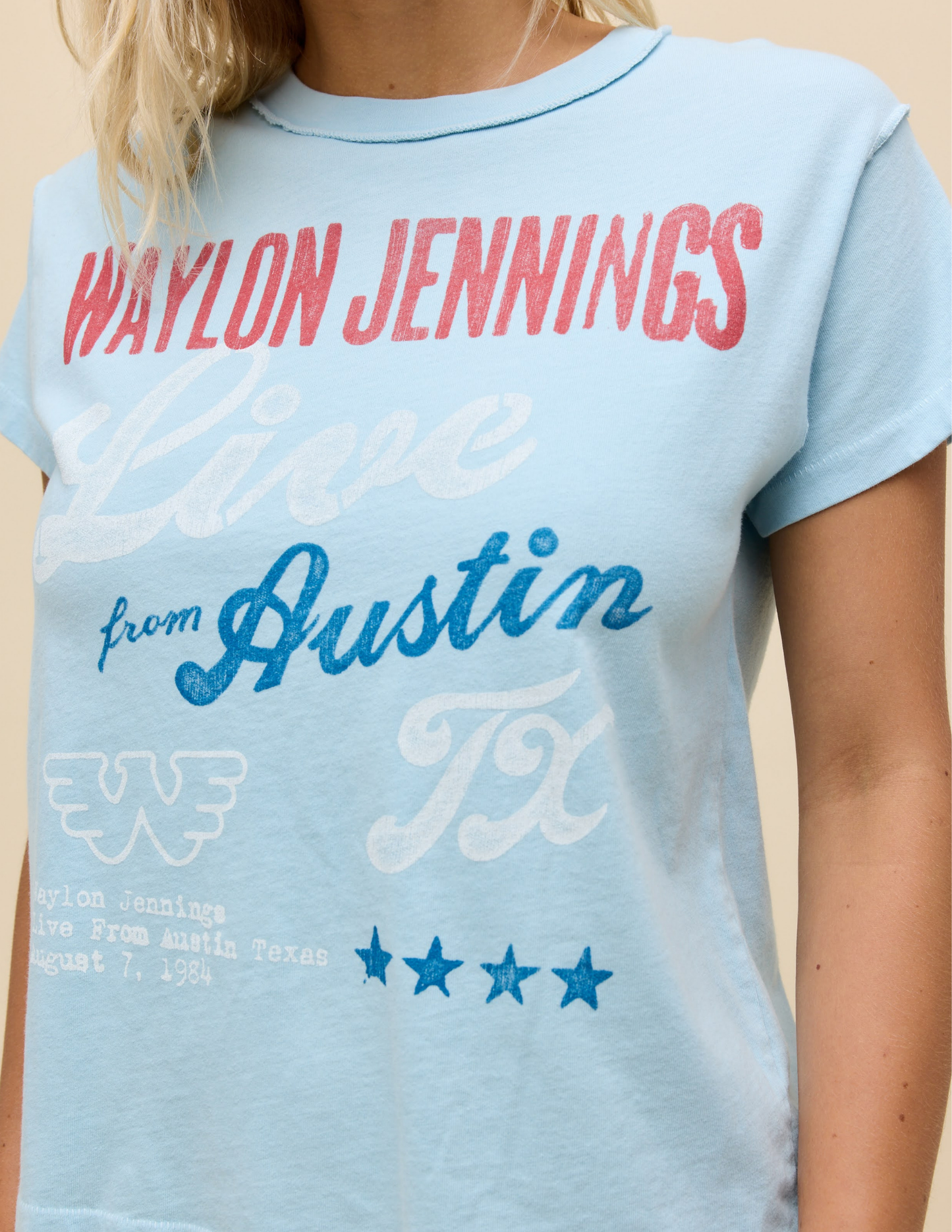 Waylon Jennings Live From Austin Reverse GF Tee- Bluey Blue