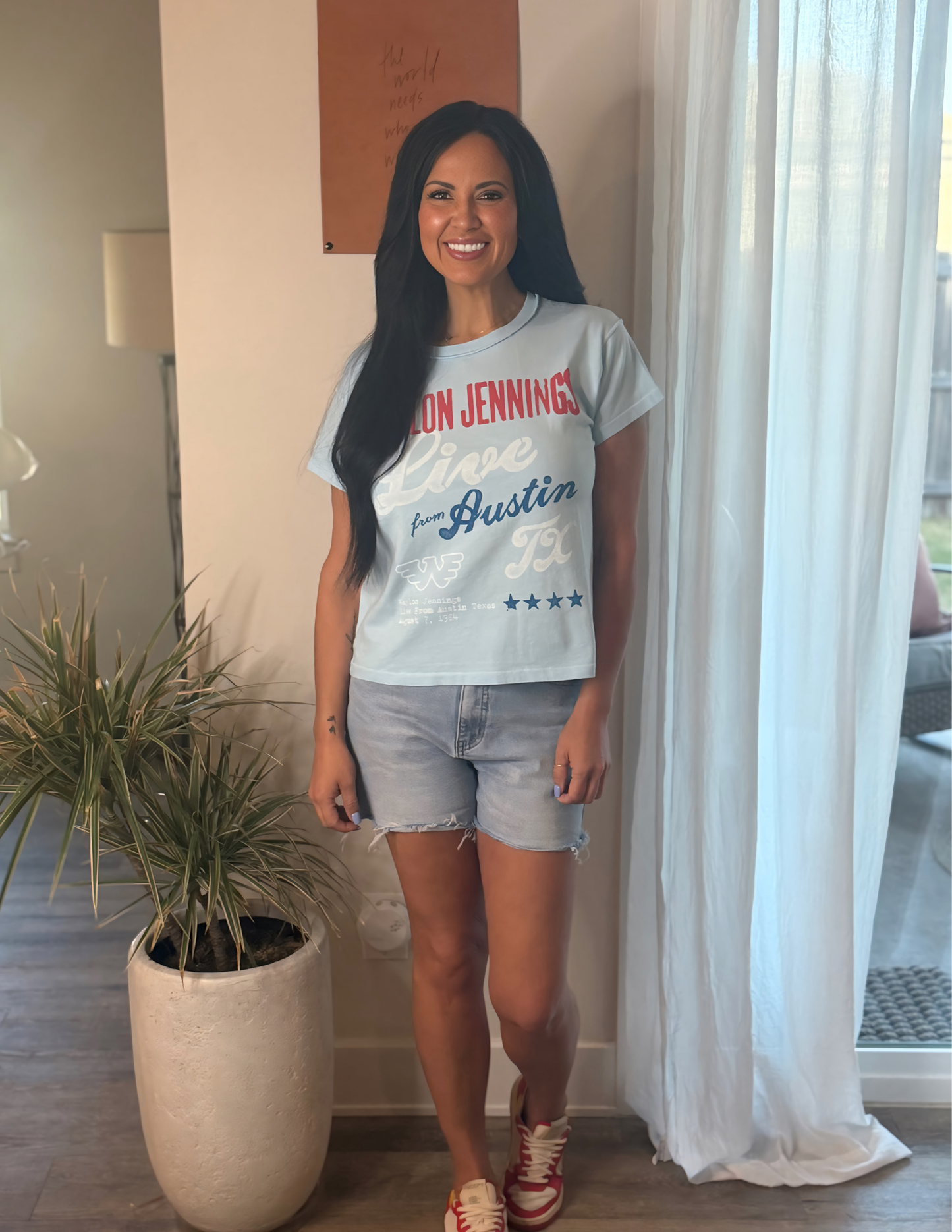 Waylon Jennings Live From Austin Reverse GF Tee- Bluey Blue