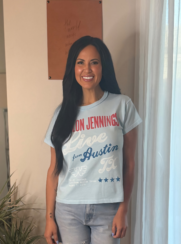Waylon Jennings Live From Austin Reverse GF Tee- Bluey Blue