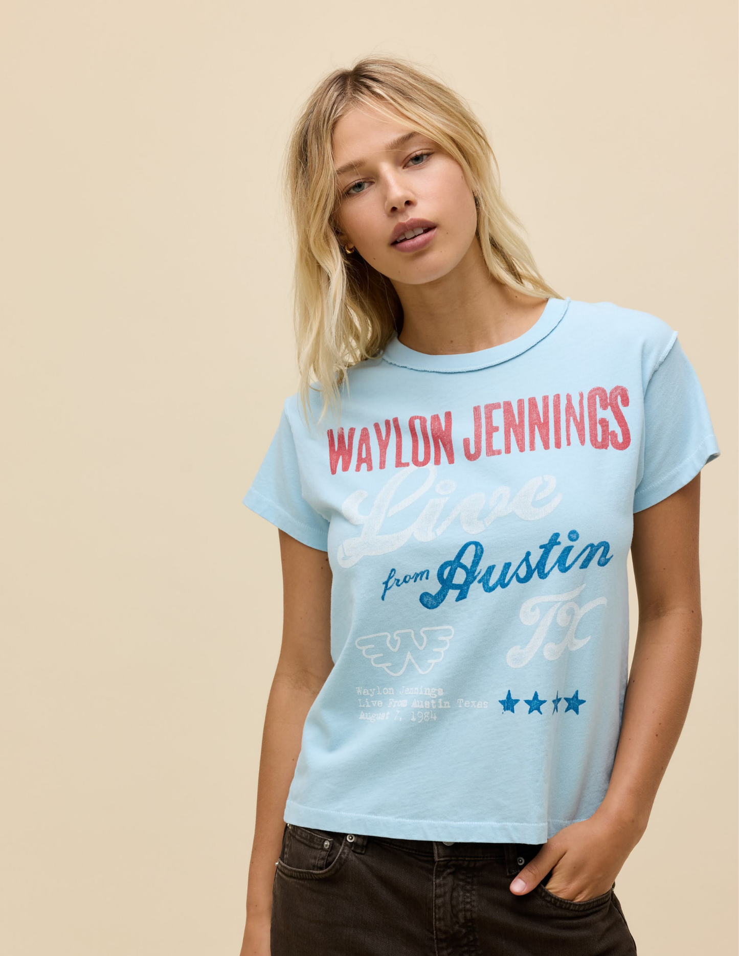 Waylon Jennings Live From Austin Reverse GF Tee- Bluey Blue