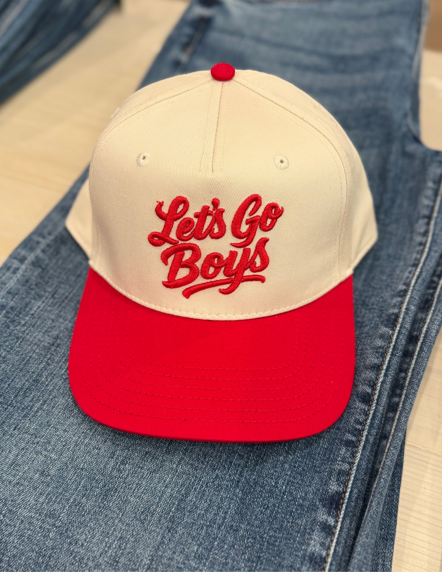 Let's Go Boys- Natural & Red Hat/ Red Embroidery - Tres Chic Boutique