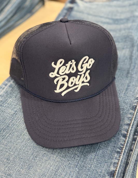 Let's Go Boys- Navy Trucker Hat - Tres Chic Boutique