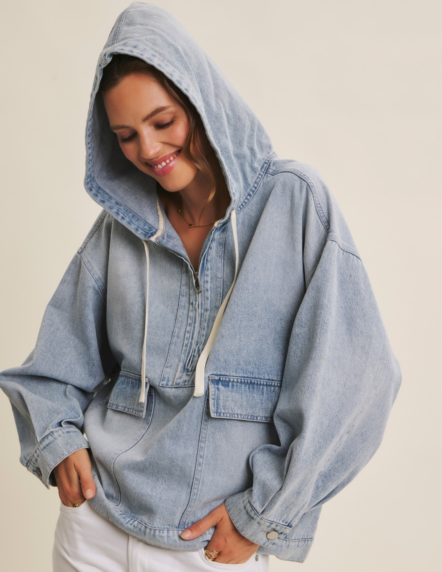 Mineral-Washed Denim Hooded Pullover