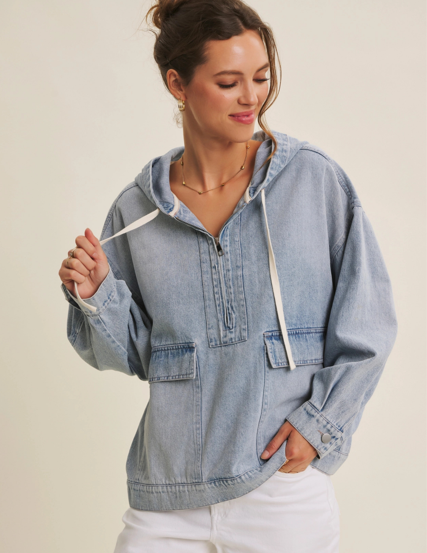 Mineral-Washed Denim Hooded Pullover