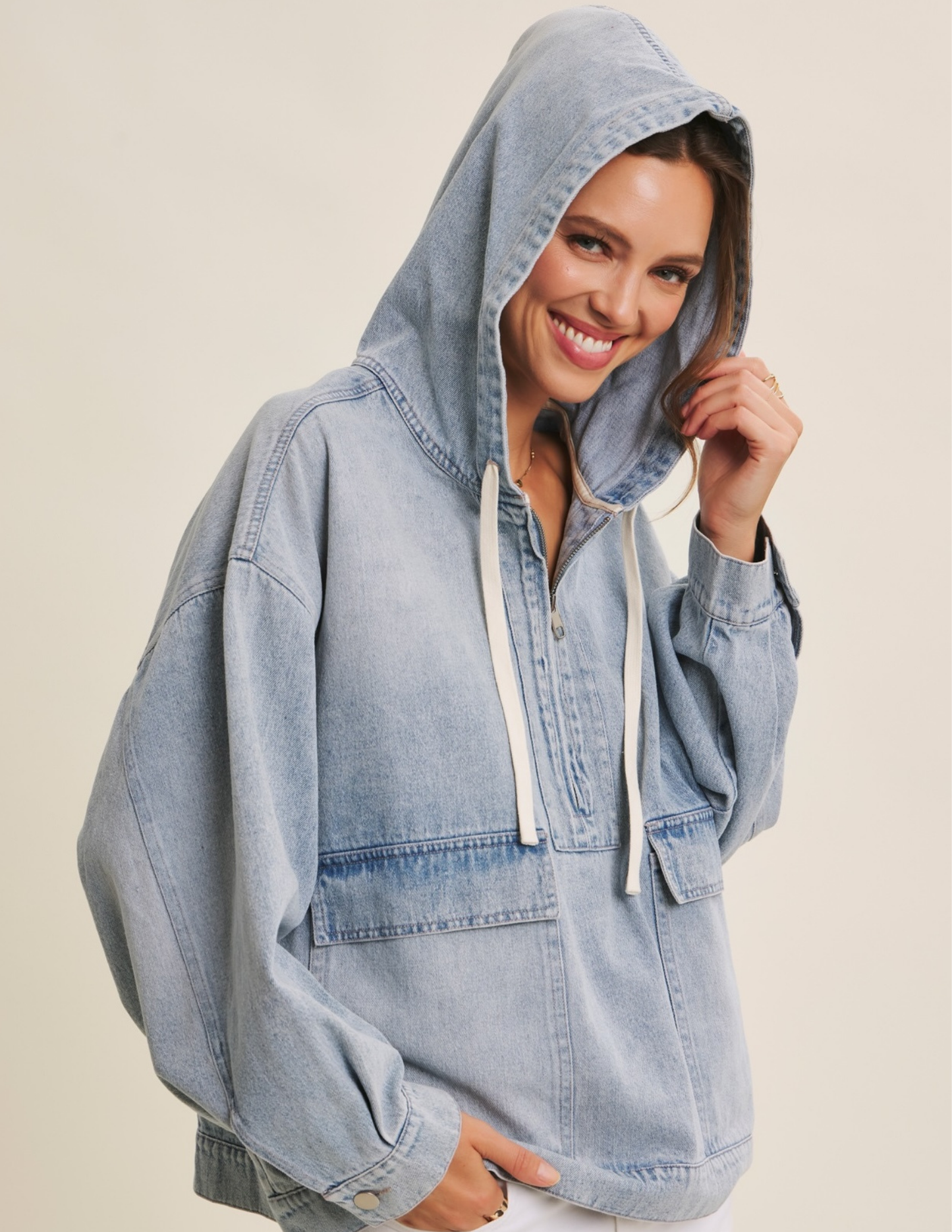 Mineral-Washed Denim Hooded Pullover