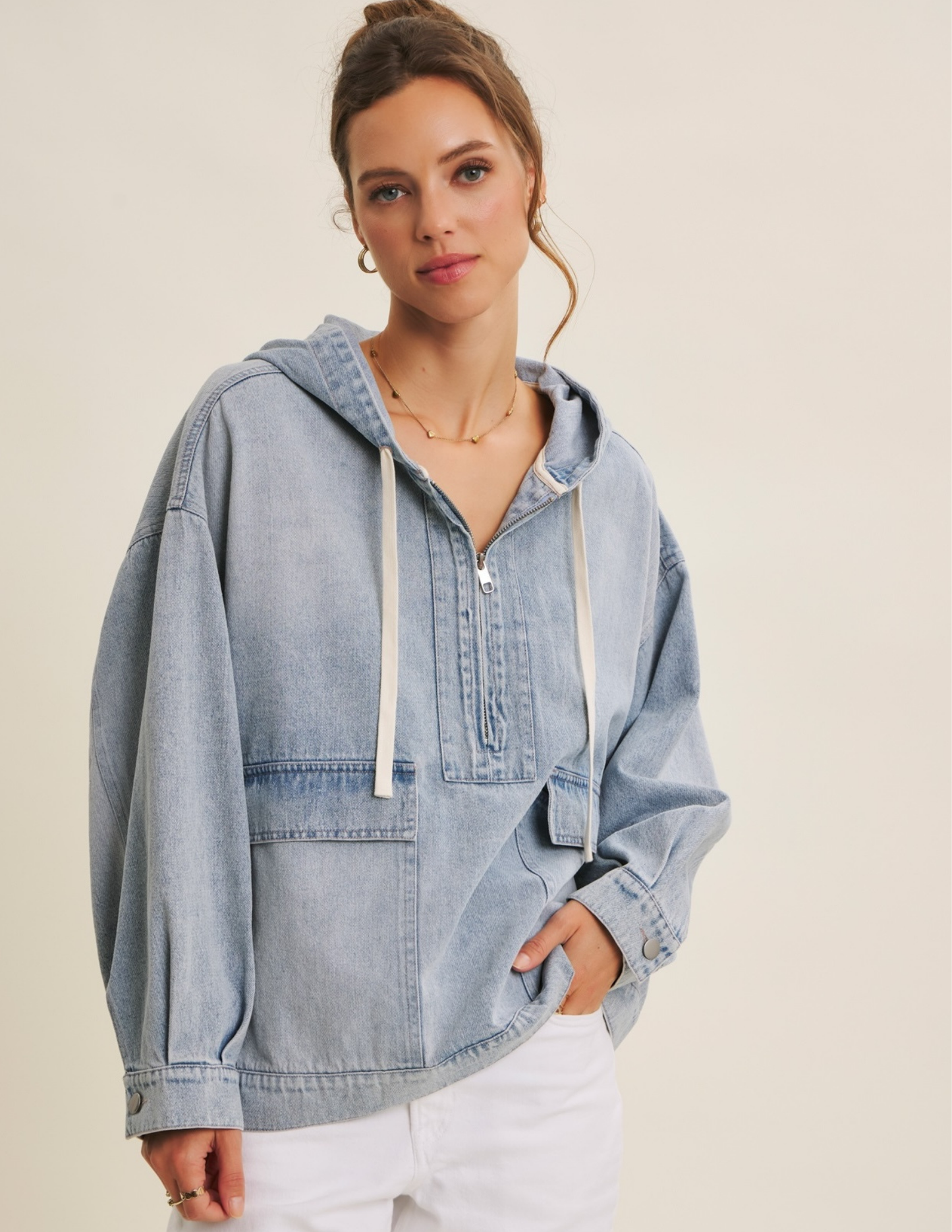 Mineral-Washed Denim Hooded Pullover