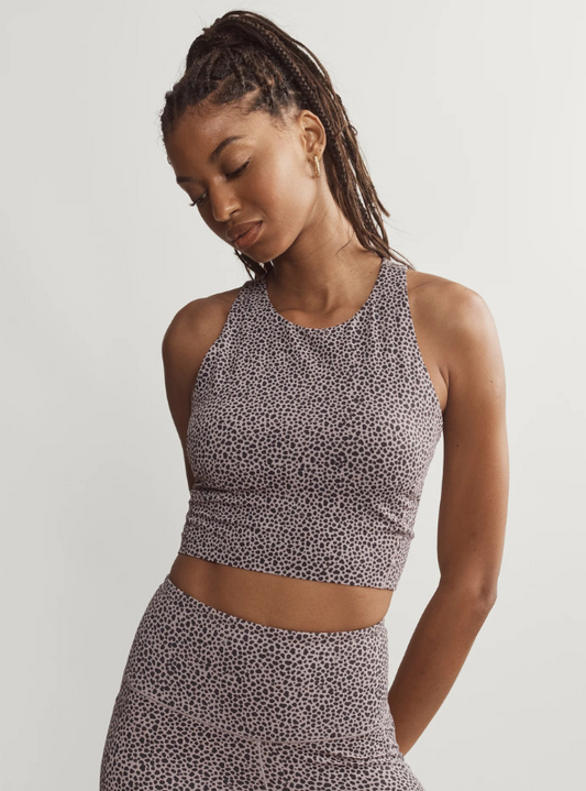 Rhone Apparel- Revive Printed Longline Bra- Taupe Mist Dot