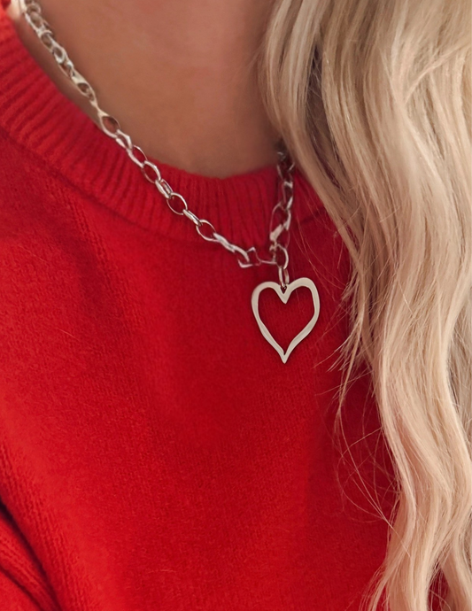 Large Open Heart Necklace - Silver
