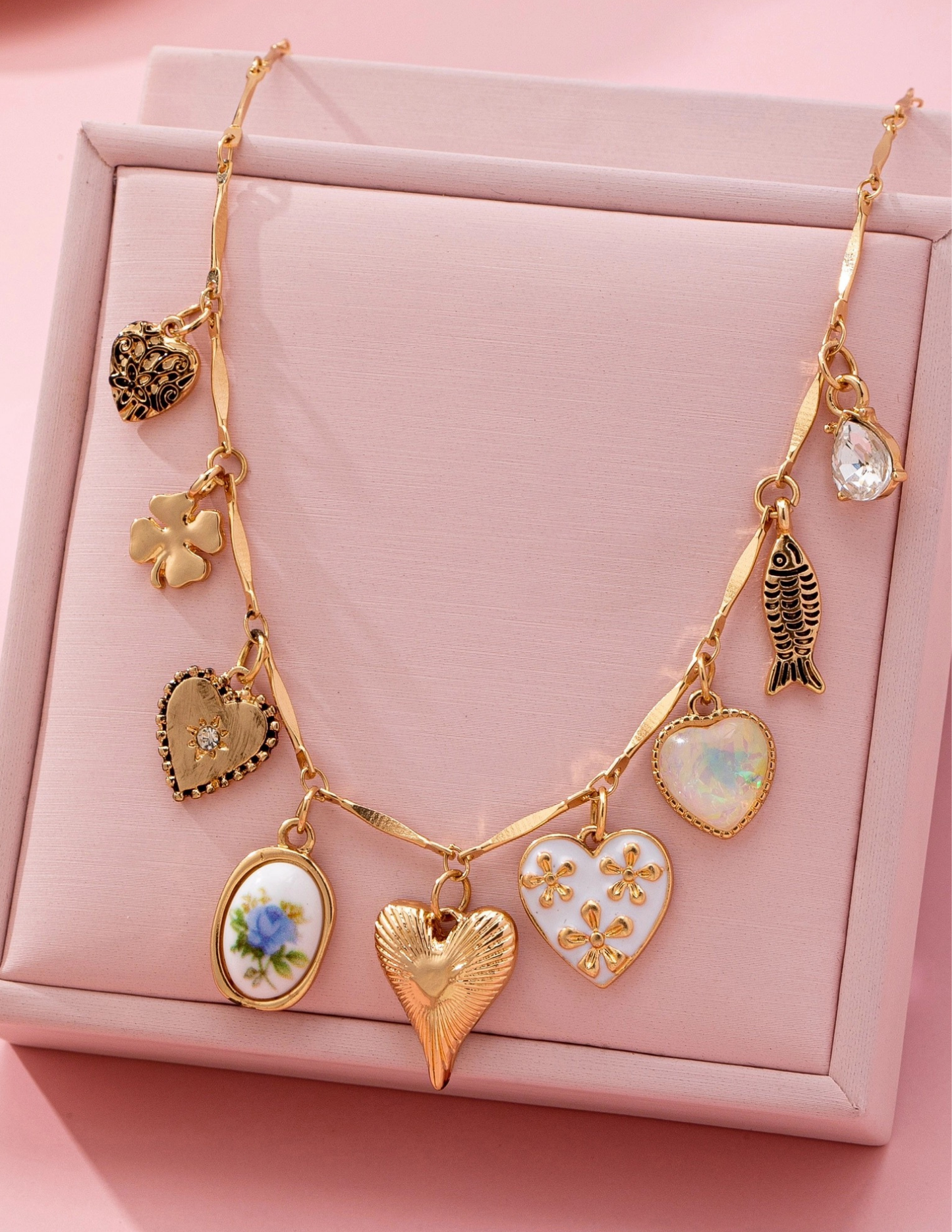 Charm Necklace-Hearts Porcelain Fish Rhinestone