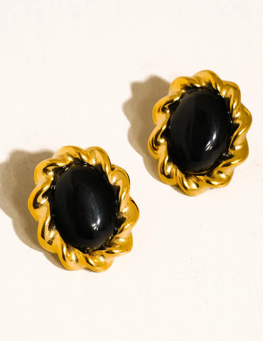 Eulie 18K Gold Non-Tarnish Vintage Stone Oval Earring- Black - Tres Chic Boutique