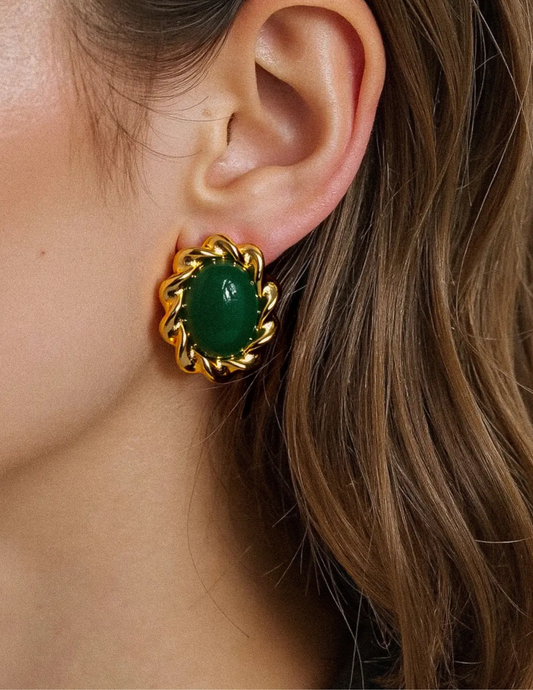 Eulie 18K Gold Non-Tarnish Vintage Stone Oval Earring - Green - Tres Chic Boutique